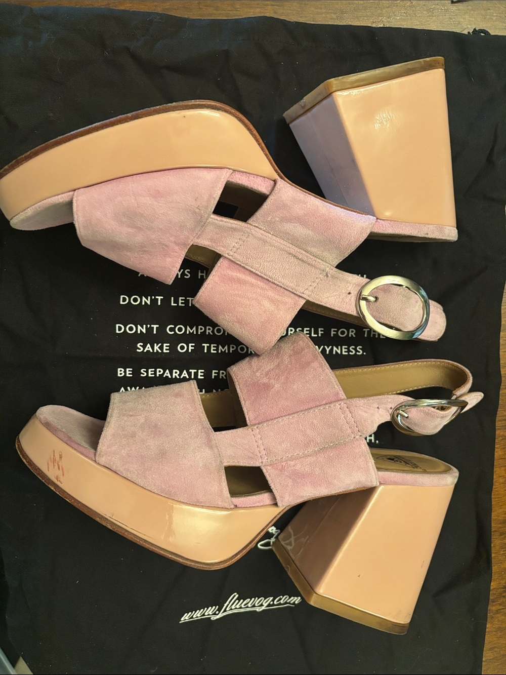 John Fluevog Blush Pink Suede Platform Wedge Sandals - Picture 4 of 9